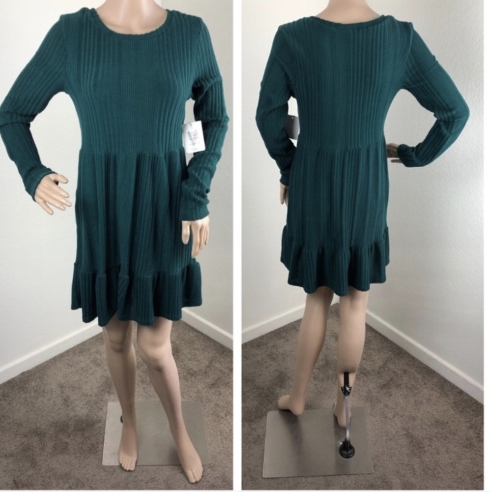 Vibe Sportswear | Forest Green Ribbed Long Sleeve Casual Sweater Dress Ruffle L
